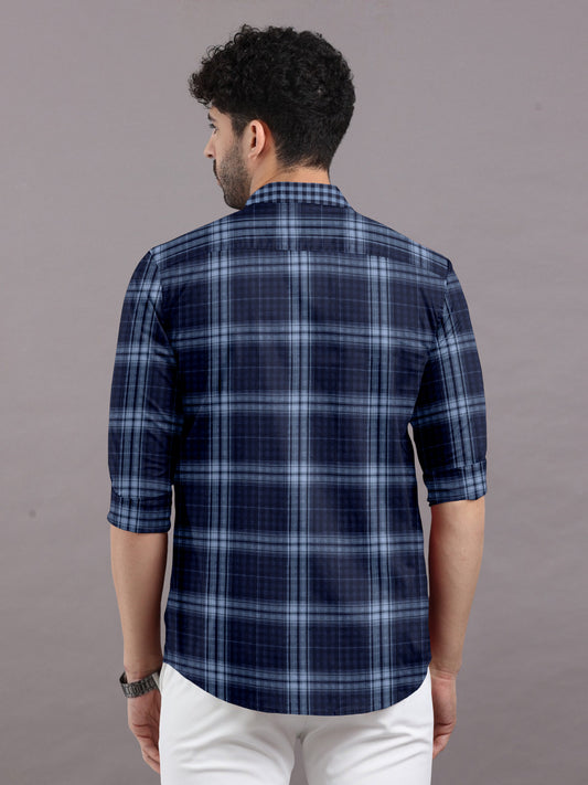 Navy Blue Checked Shirt With Spread Collar