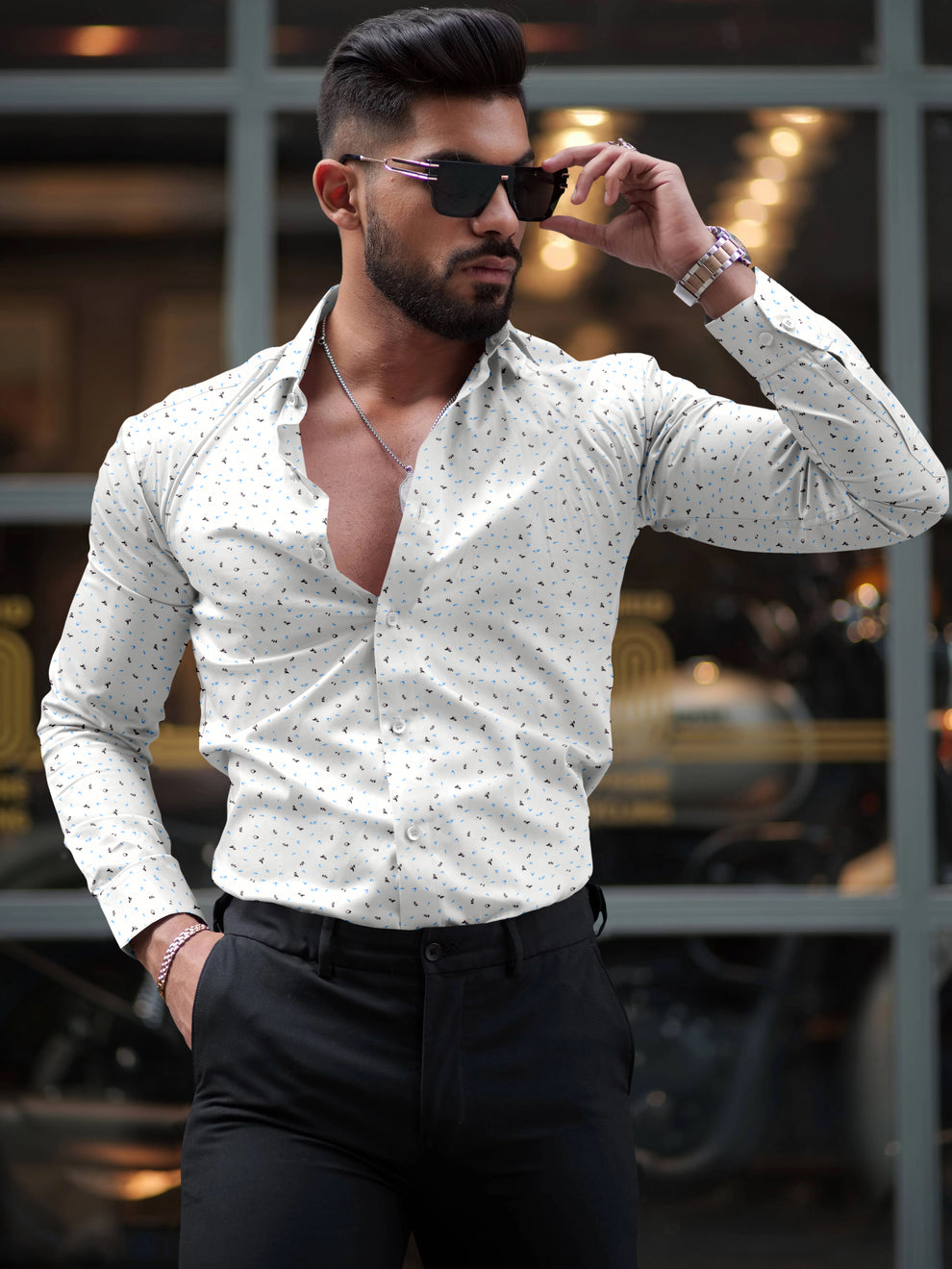 White Chic Printed Shirt With Spread Collar