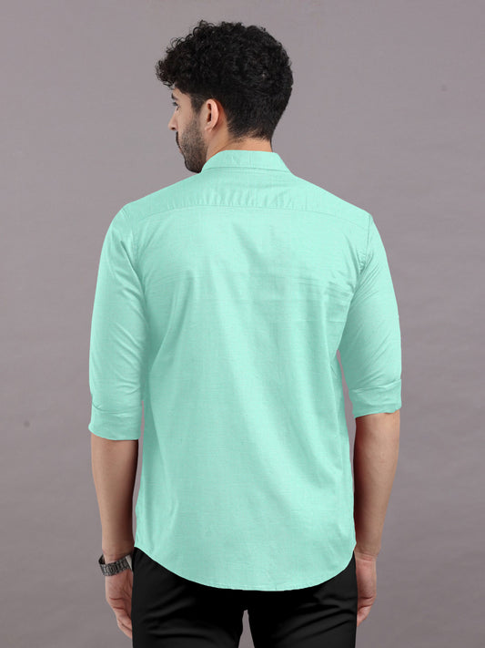 Turquoise Plain Shirt With Spread Collar