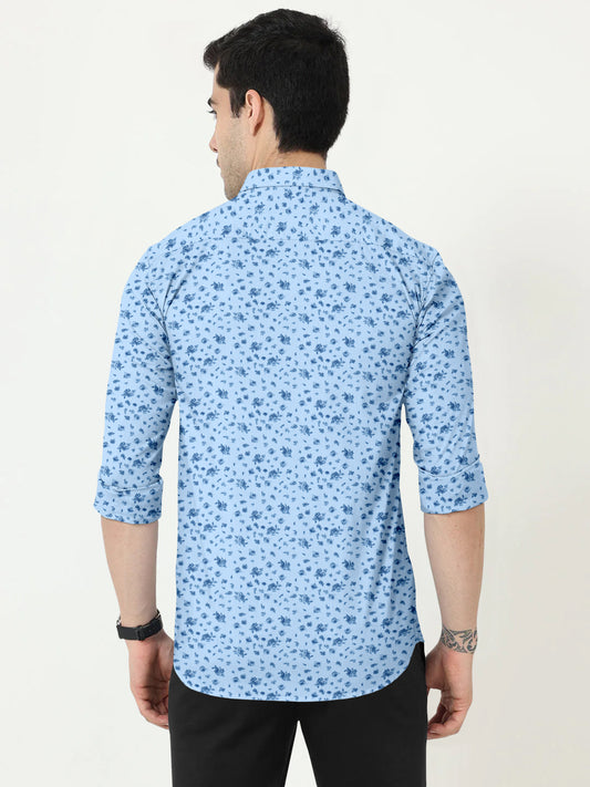 Blue Floral Printed Shirt With Spread Collar