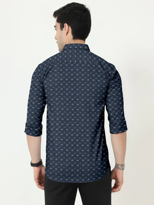 Rich Blue Printed Shirt With Spread Collar