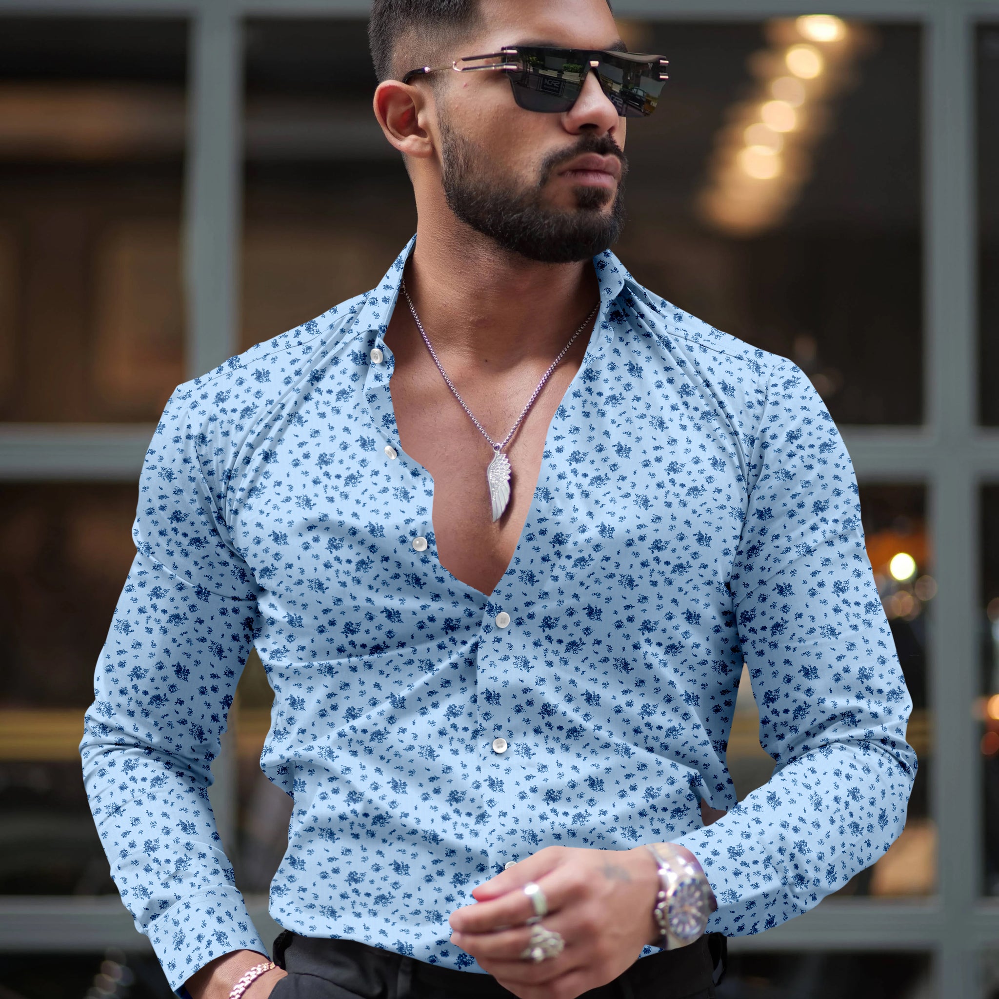 Blue Floral Printed Shirt With Spread Collar