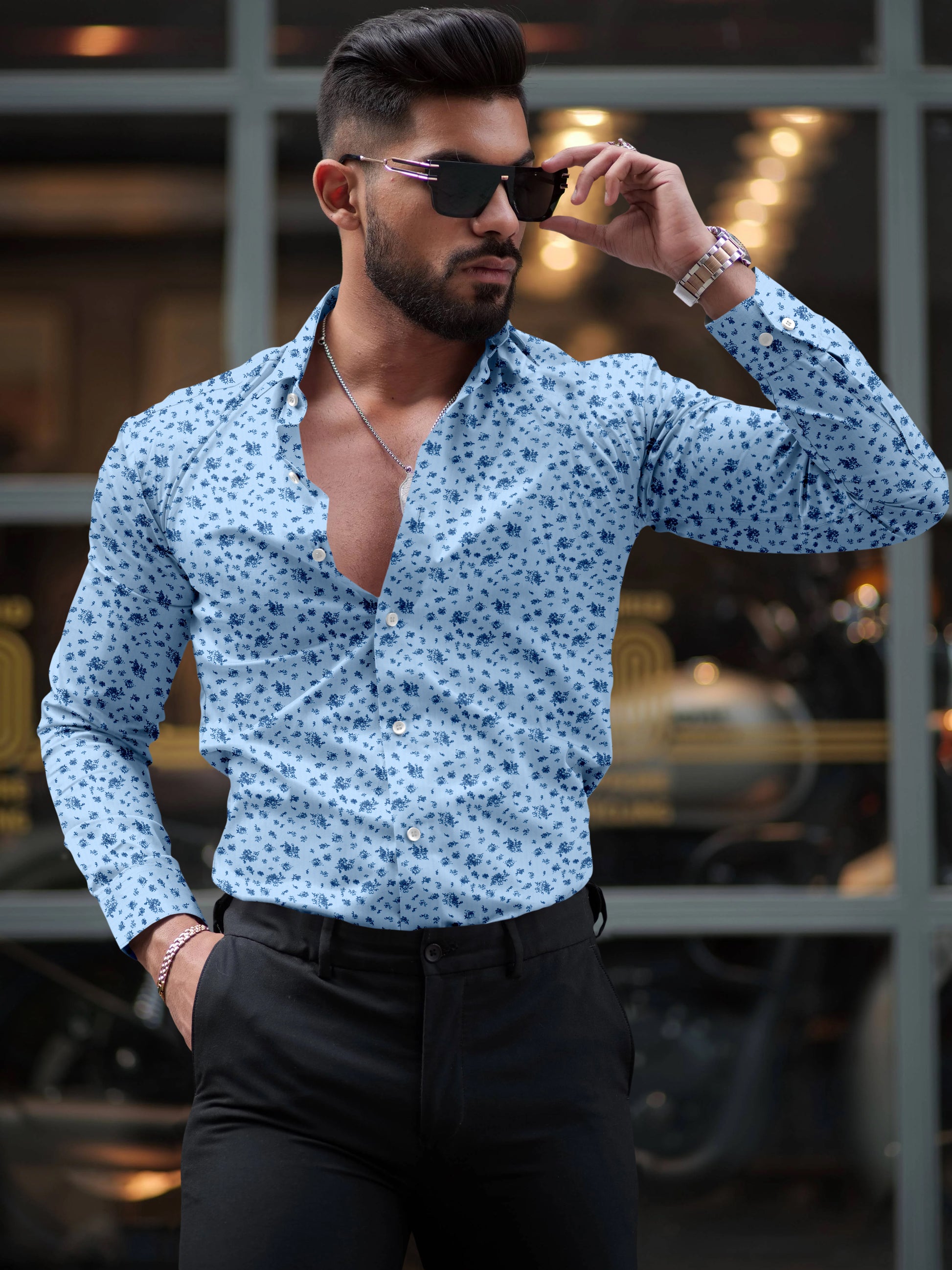 Blue Floral Printed Shirt With Spread Collar