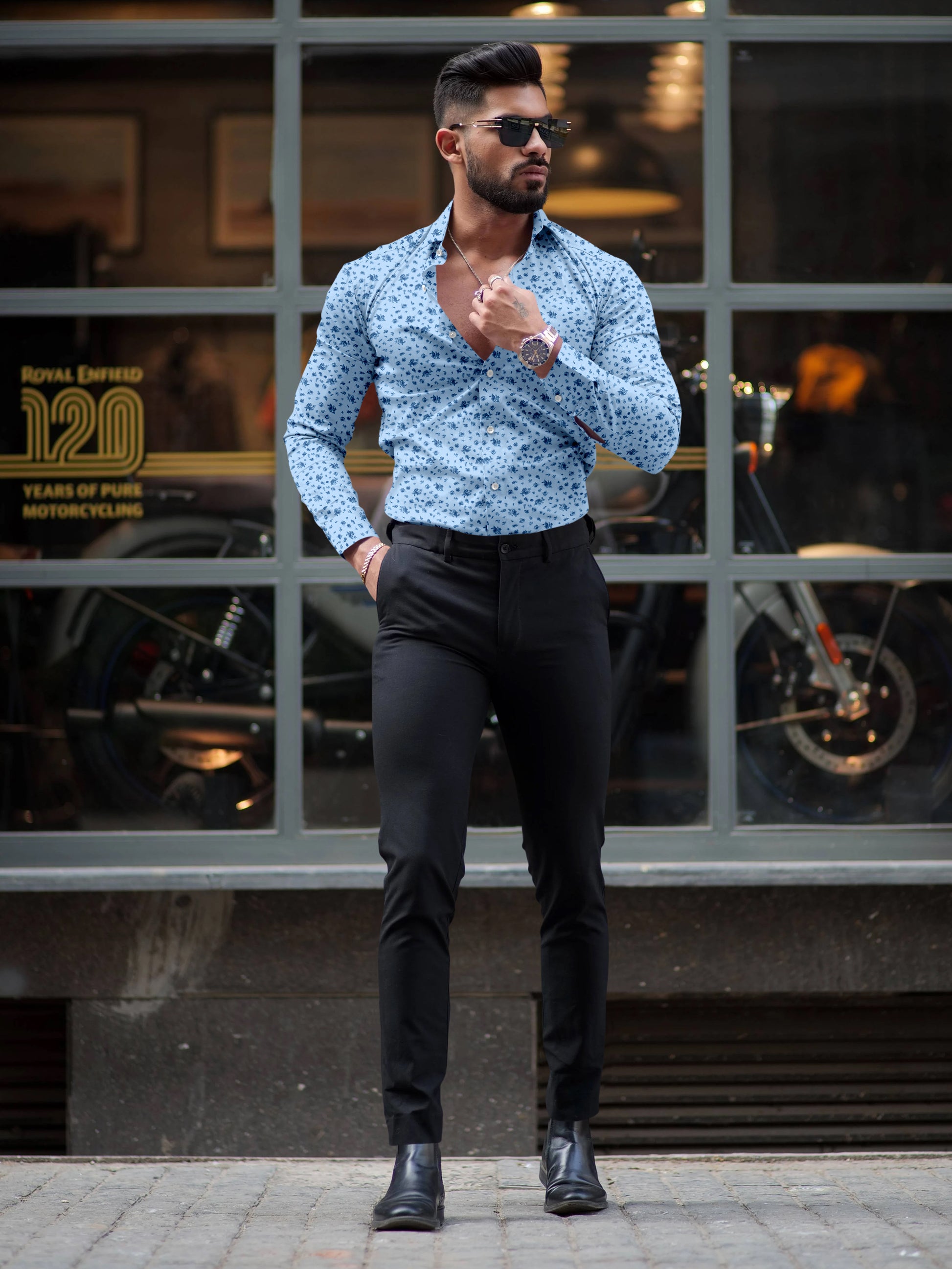 Blue Floral Printed Shirt With Spread Collar