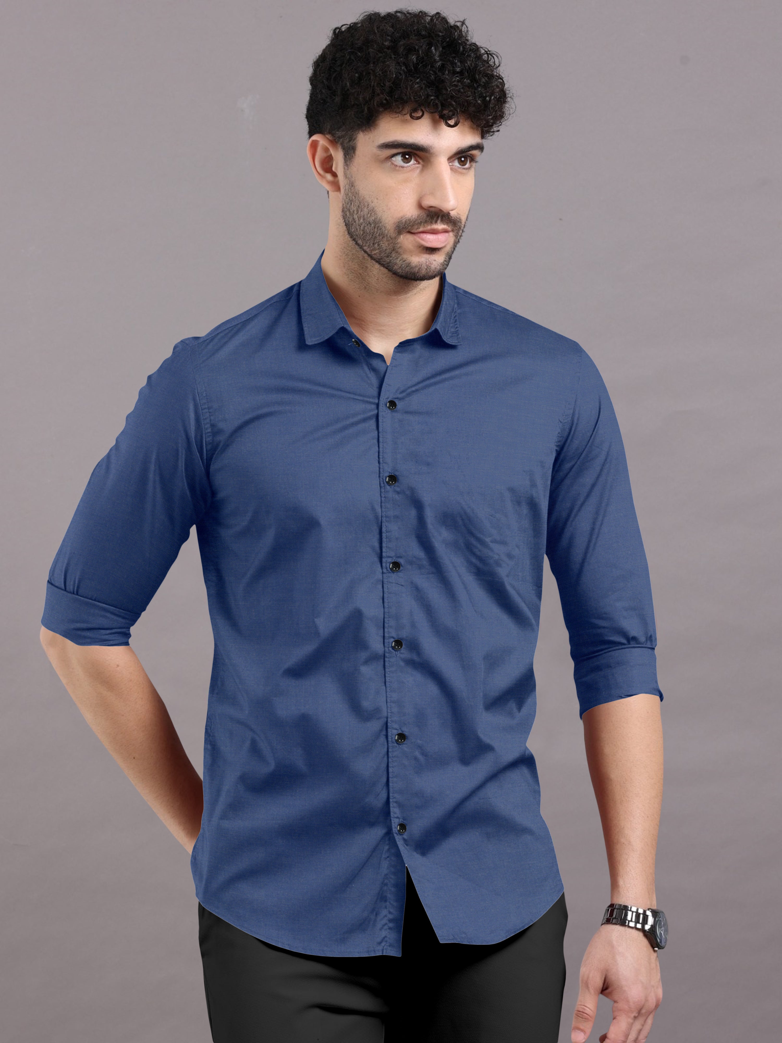 Royal blue Plain Shirt With Spread Collar