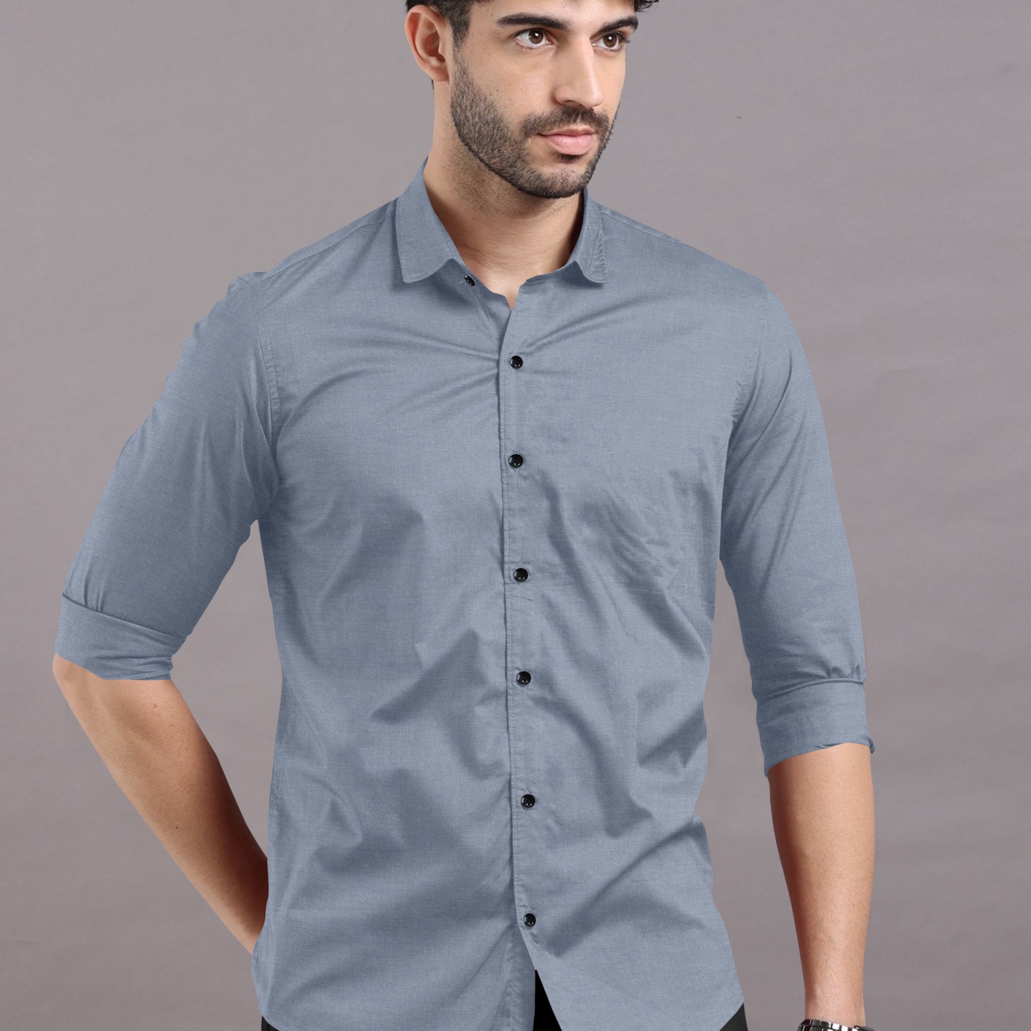 Light Grey Plain Shirt With Spread Collar