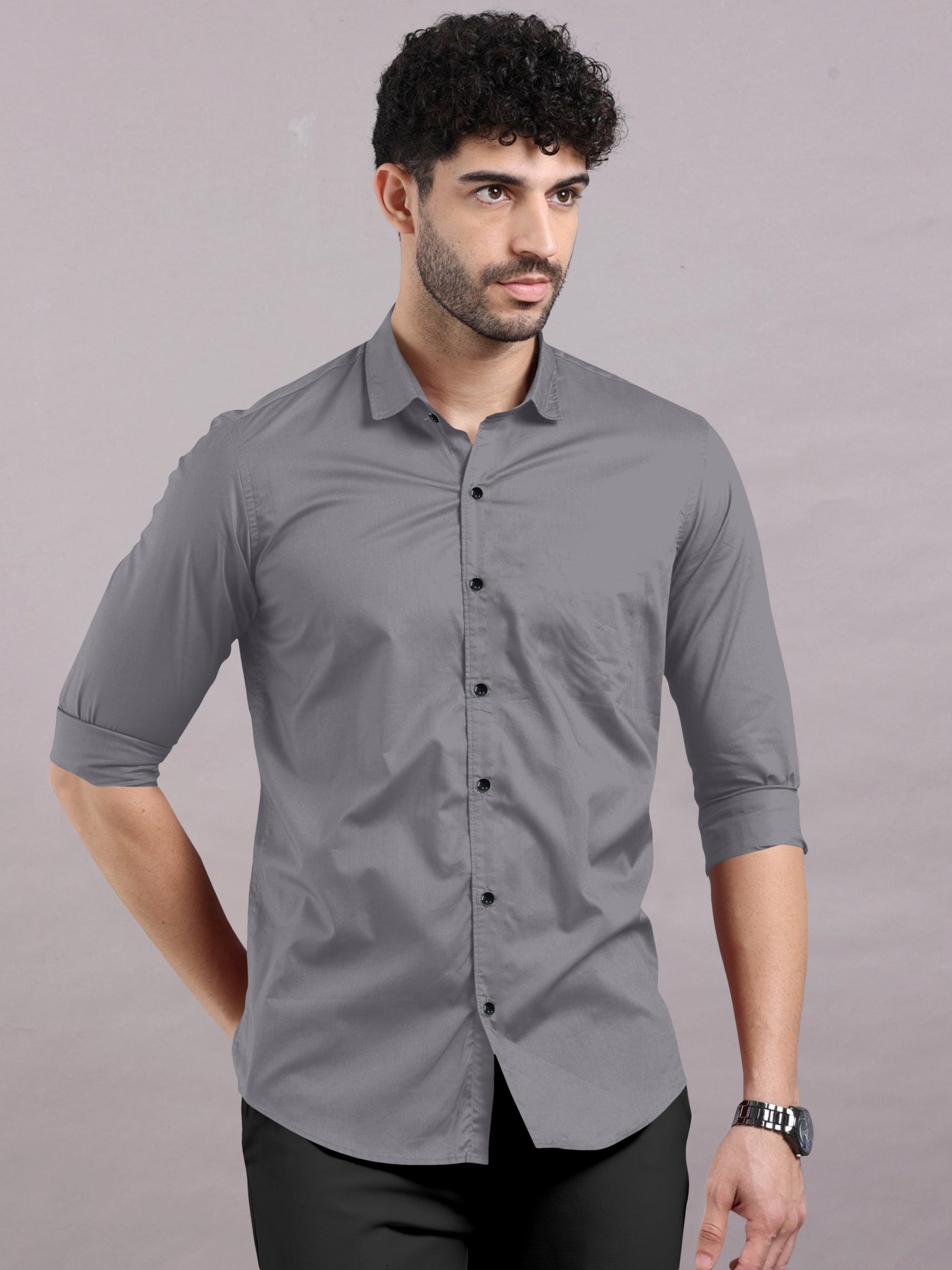 Iron Grey Plain Shirt With Spread Collar