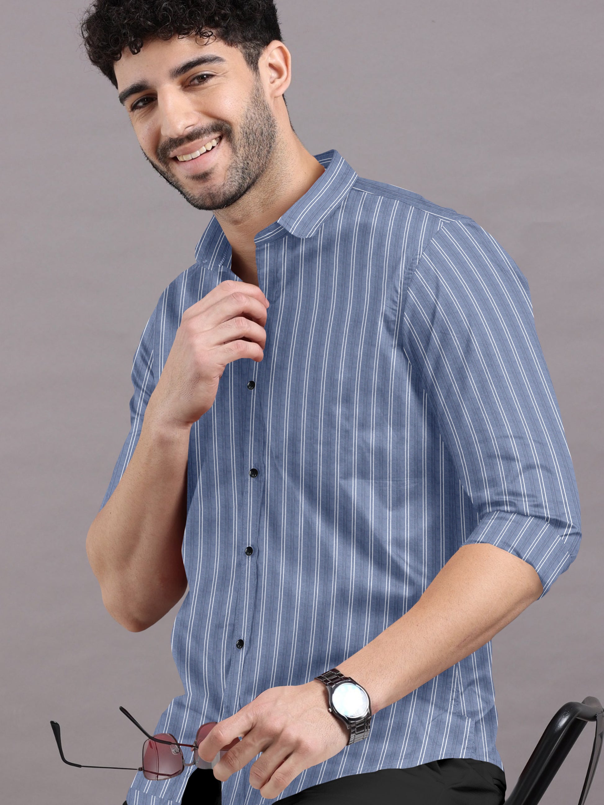 Lapis Lazuli Striped Shirt With Spread Collar